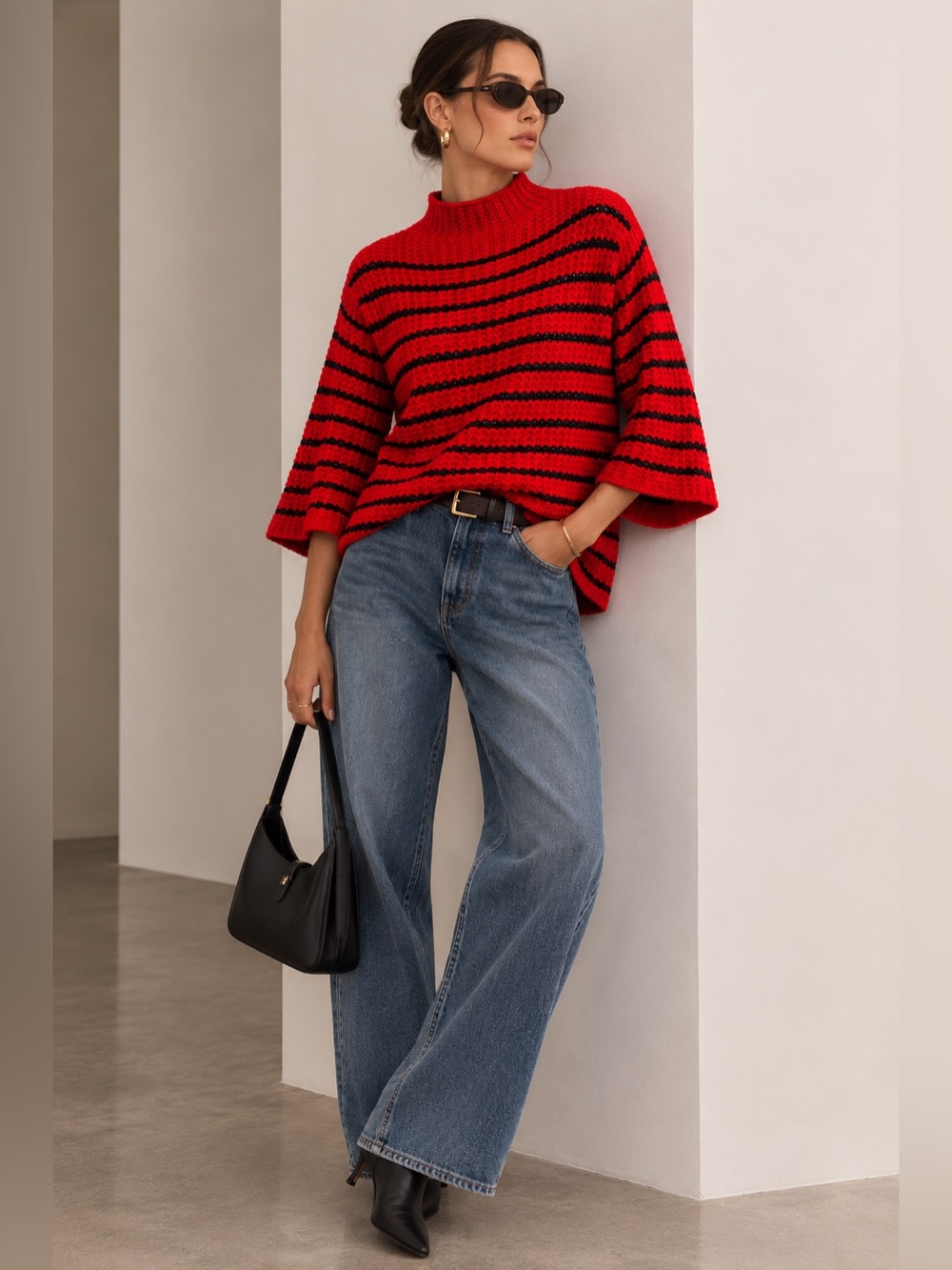 New Direction Red & Black Stripe Mock Neck Knit Flare Sweater Size L